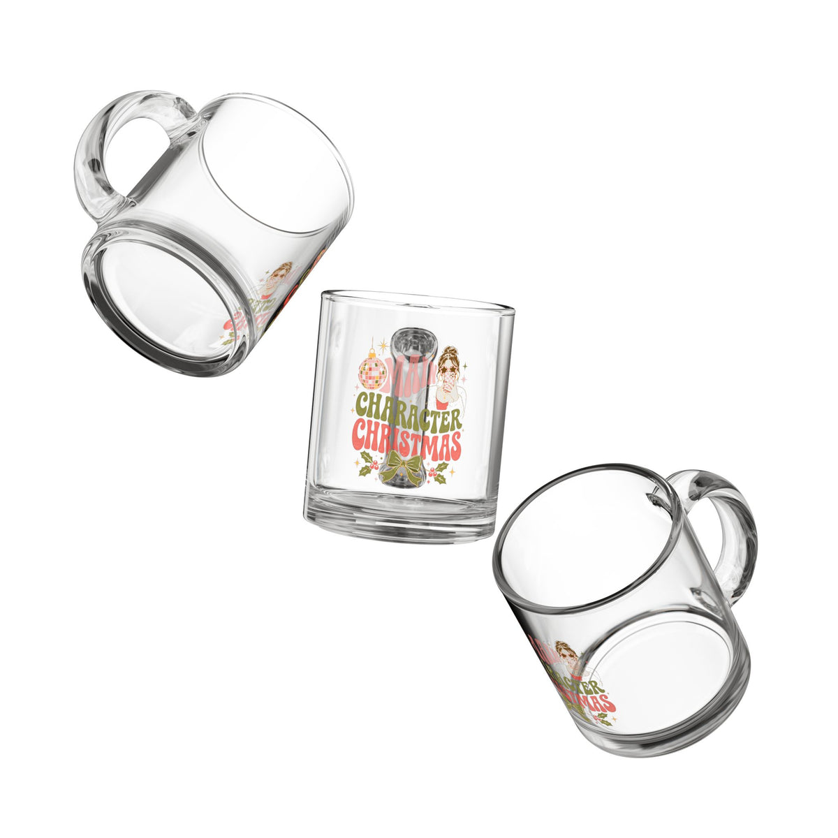 Modern Day Christmas Glass Mug  10oz Glass Mug — Merry Character Christmas Retro Holiday Coffee Cup
