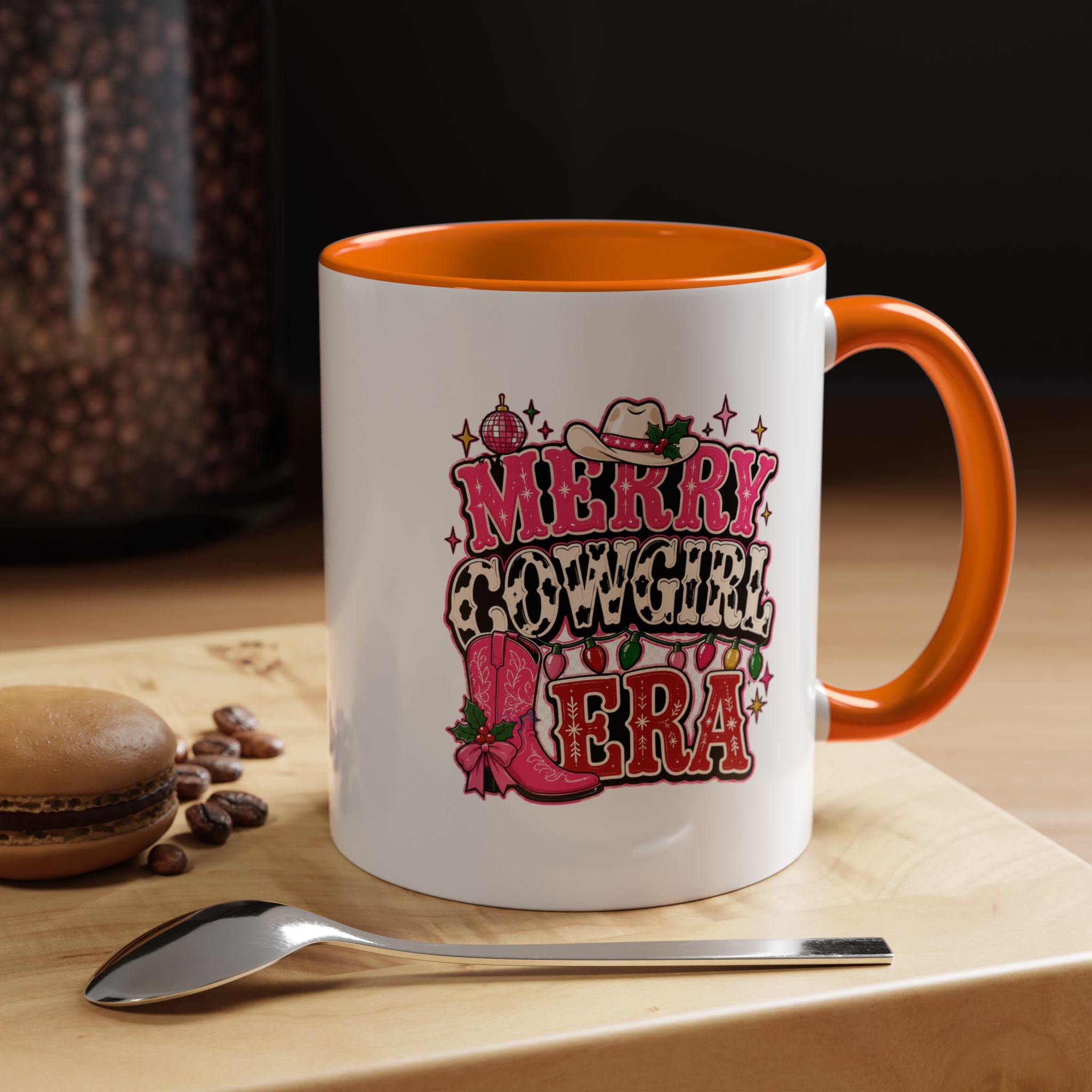 Modern Day Christmas Merry Cowgirl Era Accent Coffee Mug — Festive Pink Western Cowboy Boots & Hat Mug
