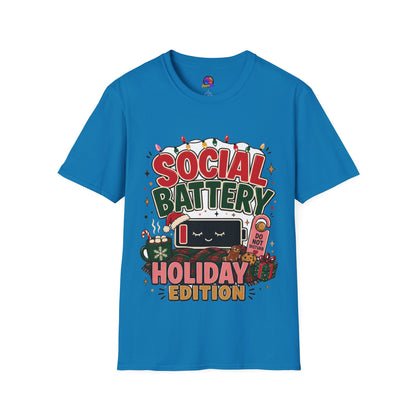 Social Battery Holiday T‑Shirt — Funny Christmas Recharge Graphic Tee