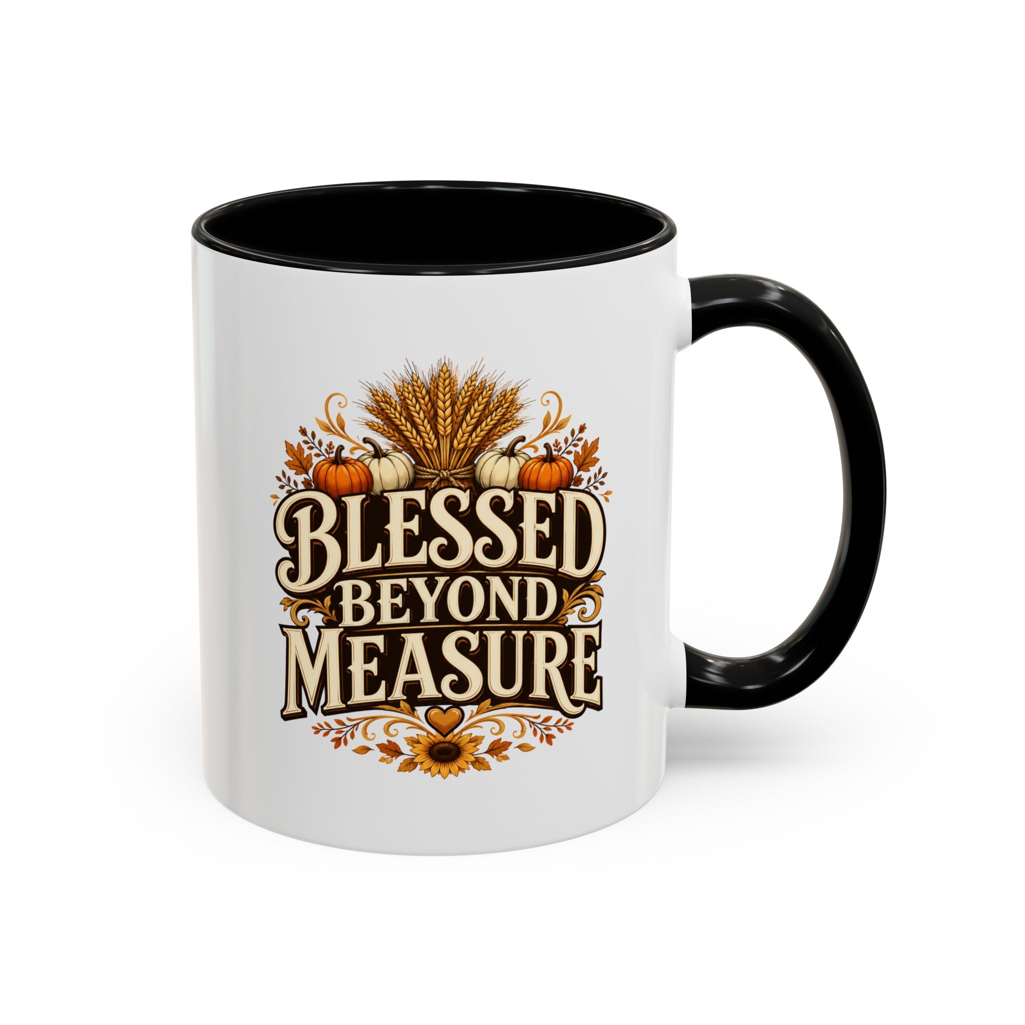 Thanksgiving Mug Blessed Beyond Measure Accent Coffee Mug — Fall Pumpkin & Wheat Autumn Faith Mug