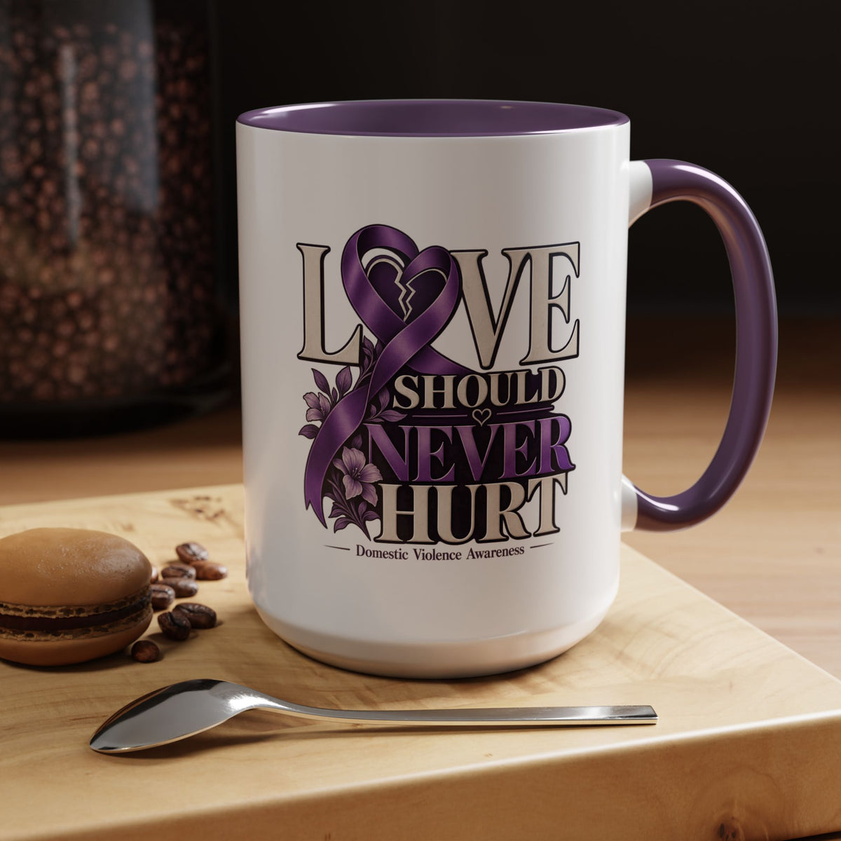 Domestic Violence Awareness Accent Coffee Mug – "Love Should Never Hurt" (11/15oz)