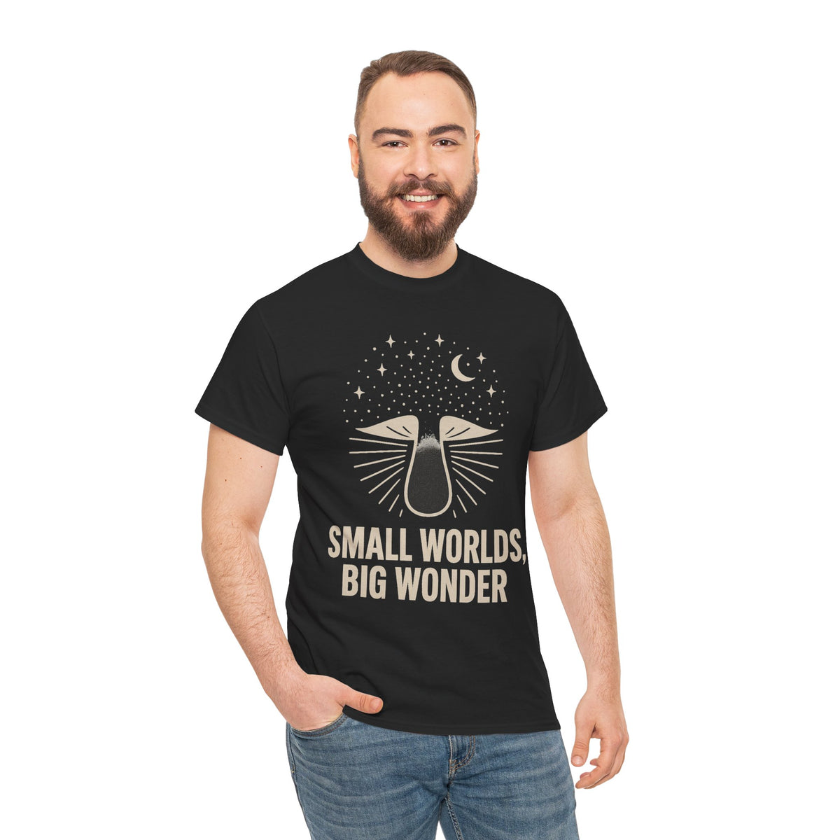 Small Worlds Big Wonder Celestial Mushroom Tee - Aesthetic Nature T-Shirt - Trending Now - September 2026