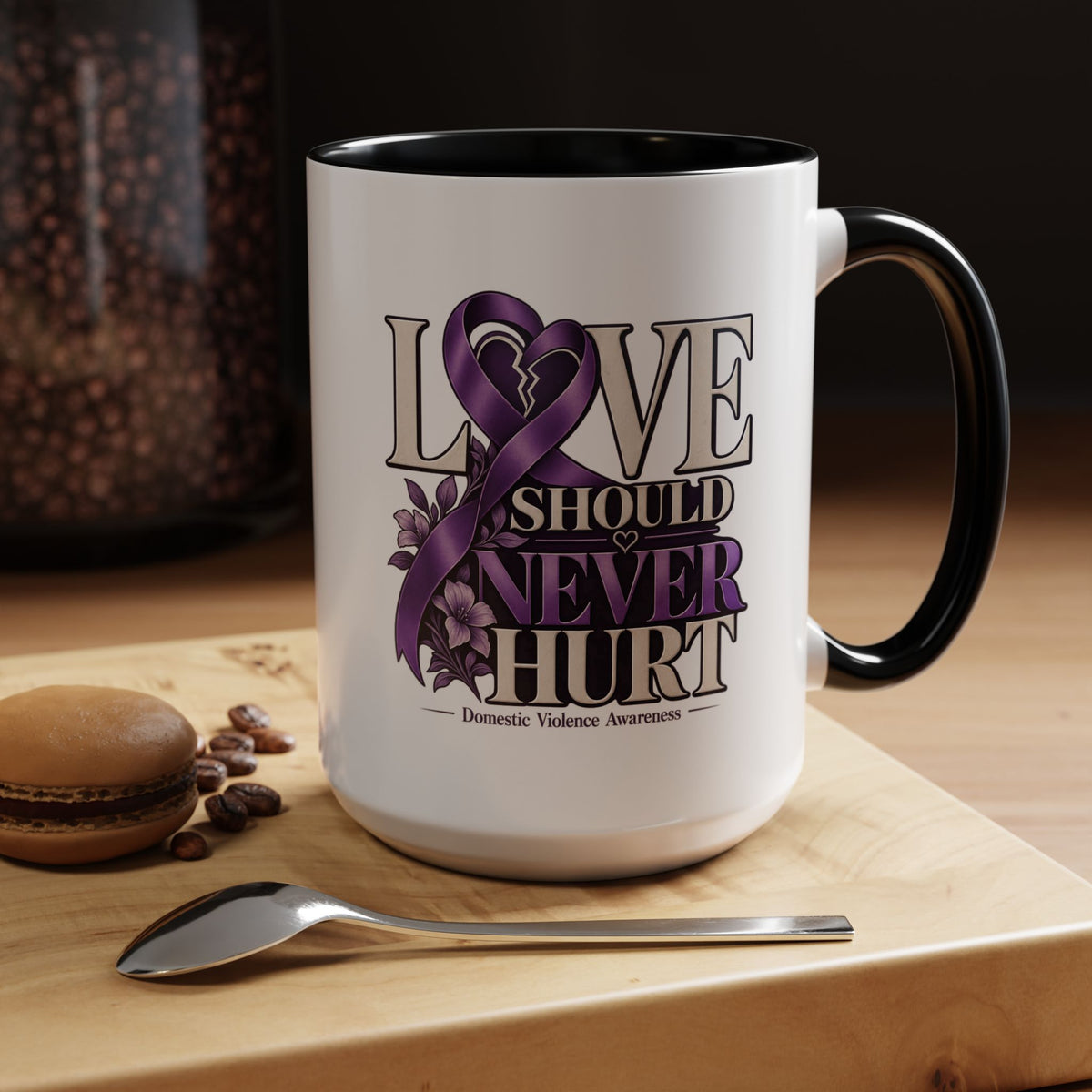 Domestic Violence Awareness Accent Coffee Mug – "Love Should Never Hurt" (11/15oz)