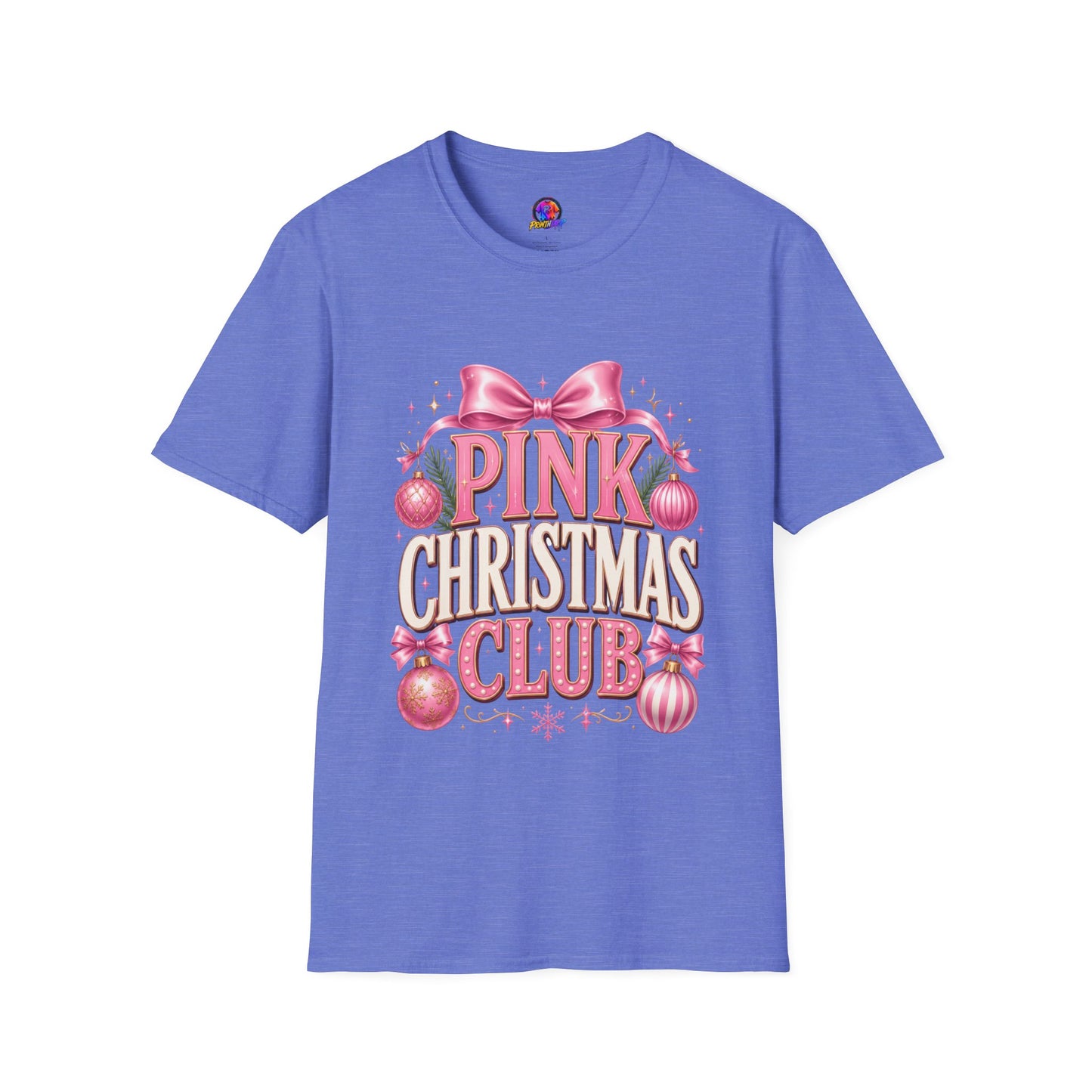 Pink Christmas Club T-Shirt — Womens Festive Holiday Tee with Bow & Ornaments