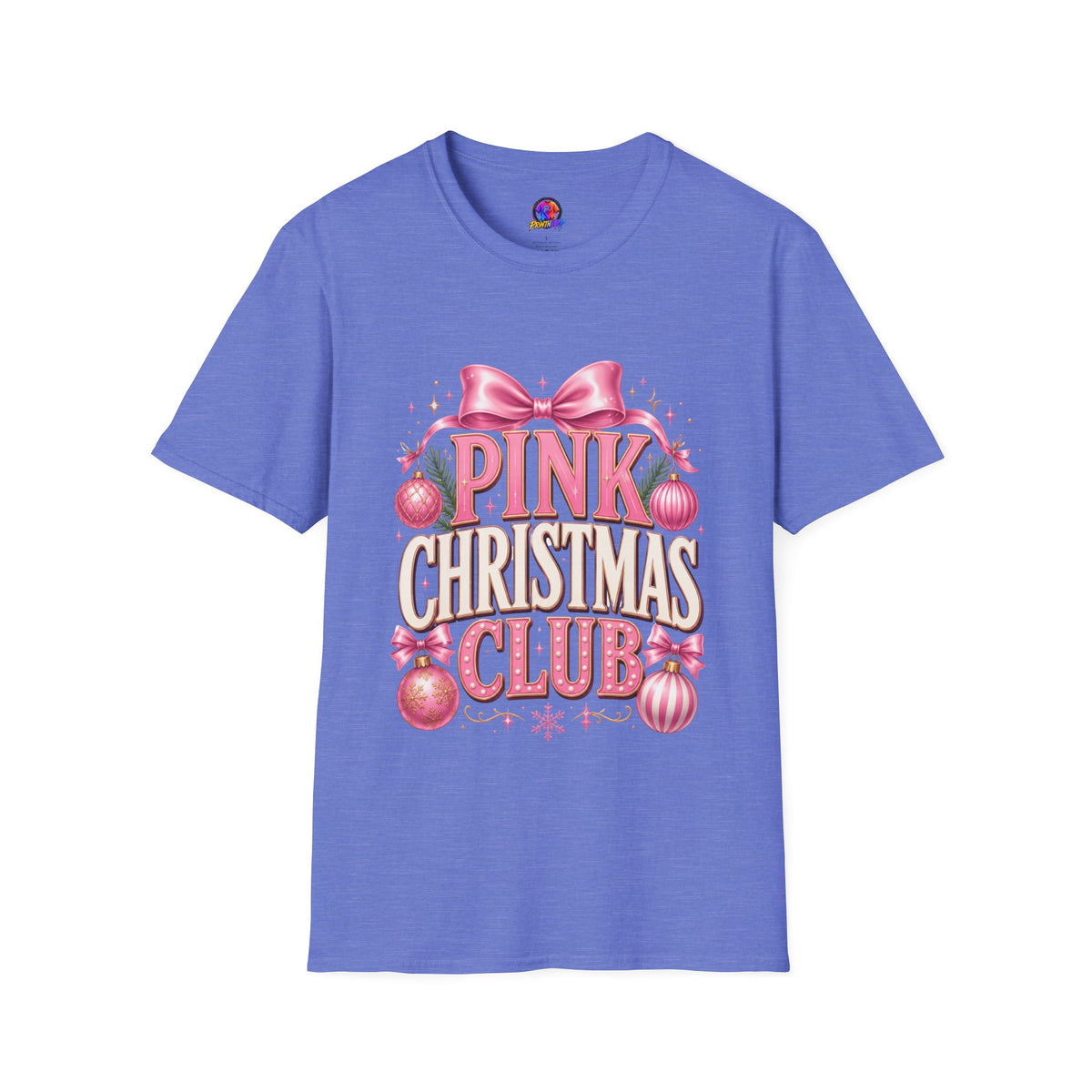 Pink Christmas Club T-Shirt — Womens Festive Holiday Tee with Bow & Ornaments