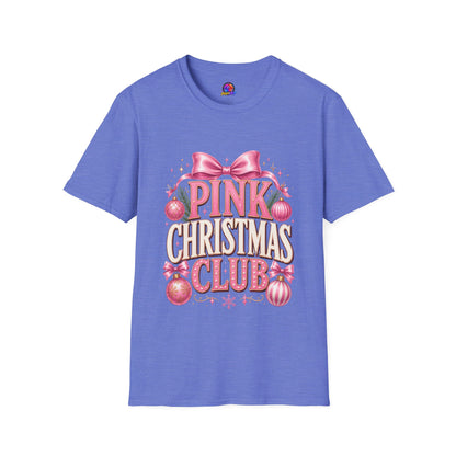 Pink Christmas Club T-Shirt — Womens Festive Holiday Tee with Bow & Ornaments