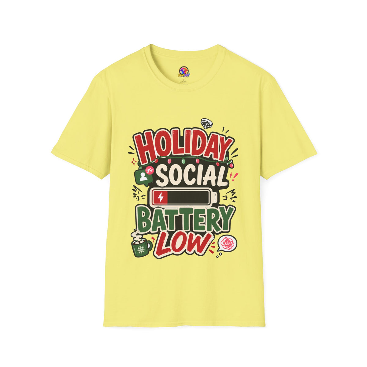 Holiday Social "Battery Low" T‑Shirt — Funny Festive Party Tee for Introverts & Holiday Gatherings