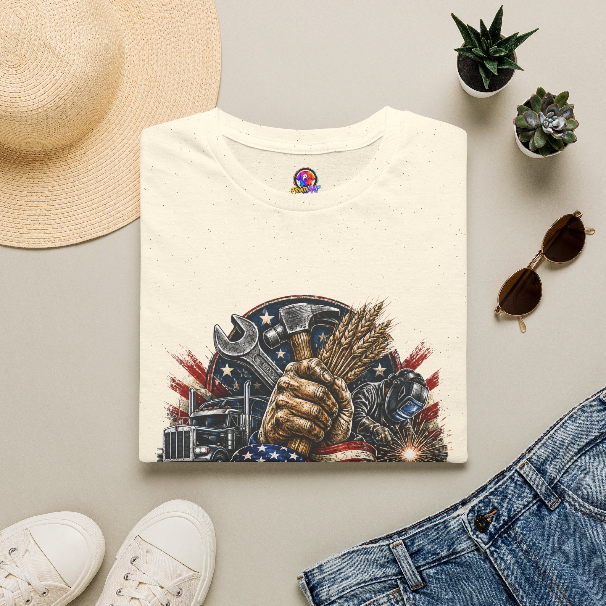 Freedom Runs on Working Hands T-Shirt — Patriotic Mechanic Tool & Wheat Design
