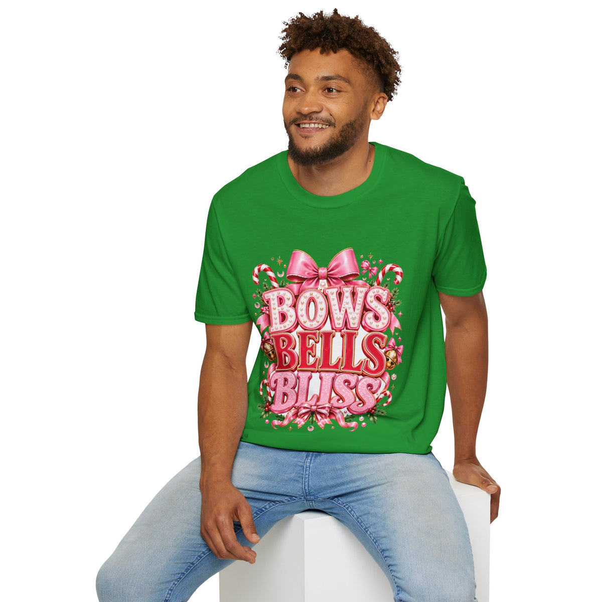 Bows Bells Bliss Christmas T‑Shirt — Pink Holiday Bow Graphic