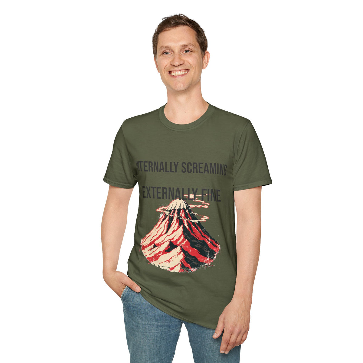 "Internally Screaming Externally Fine" Melting Volcano Tee - Funny Relatable Aesthetic White T-Shirt - Trending Now - September 2026