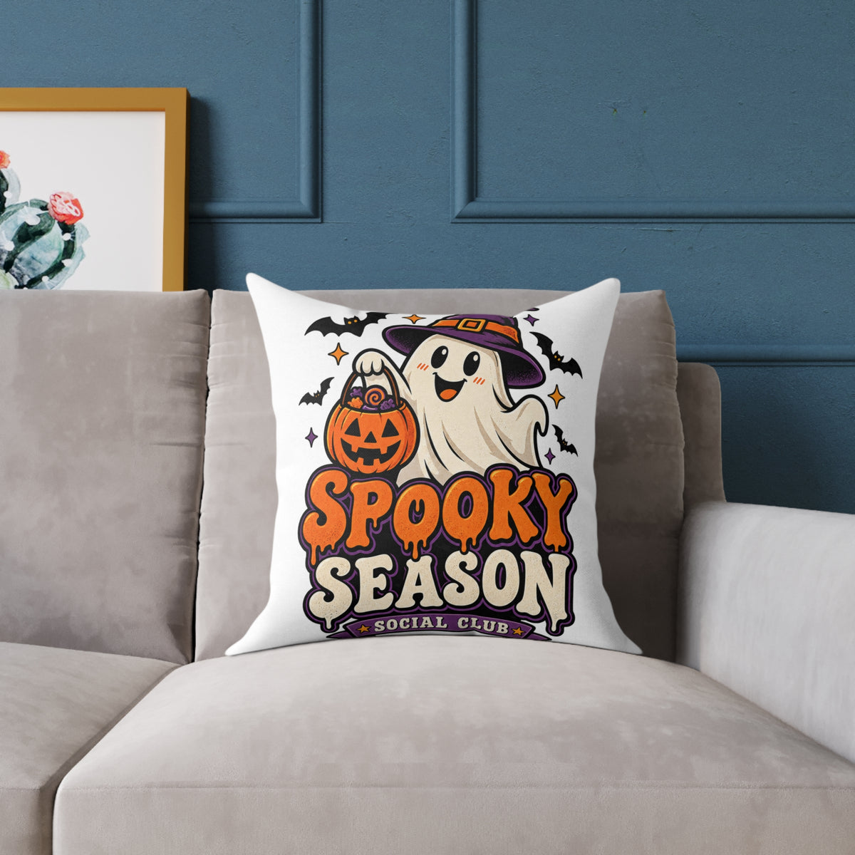 Spooky Season Halloween Pillow - Cute Ghost & Pumpkin Square Throw Pillow