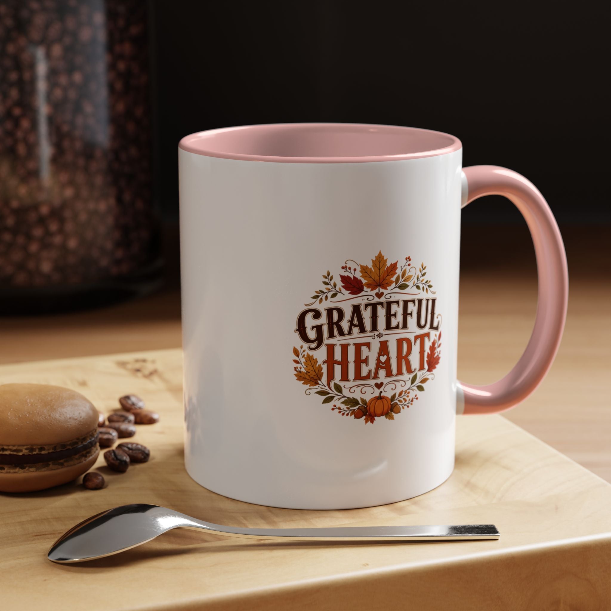 Thanksgiving Mug Grateful Heart Coffee Mug — Fall Leaves Pumpkin Accent Mug