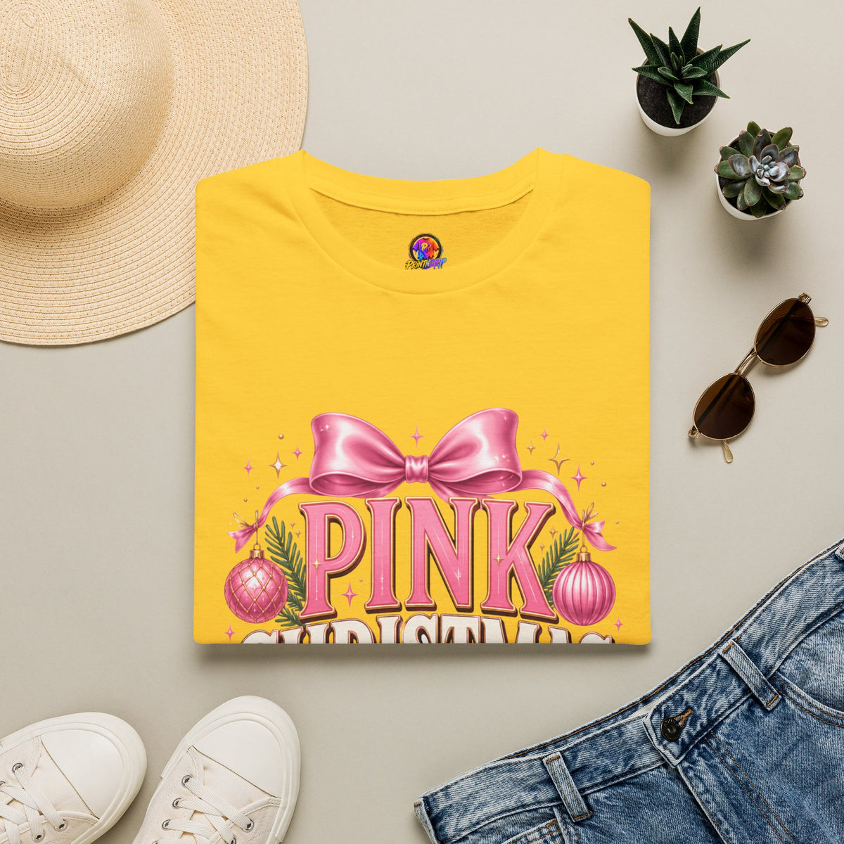 Pink Christmas Club T-Shirt — Womens Festive Holiday Tee with Bow & Ornaments