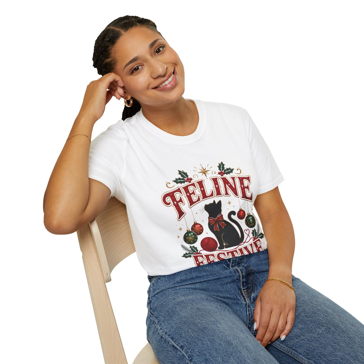 Feline Festive T-Shirt — Cute Black Cat Christmas Holiday Tee