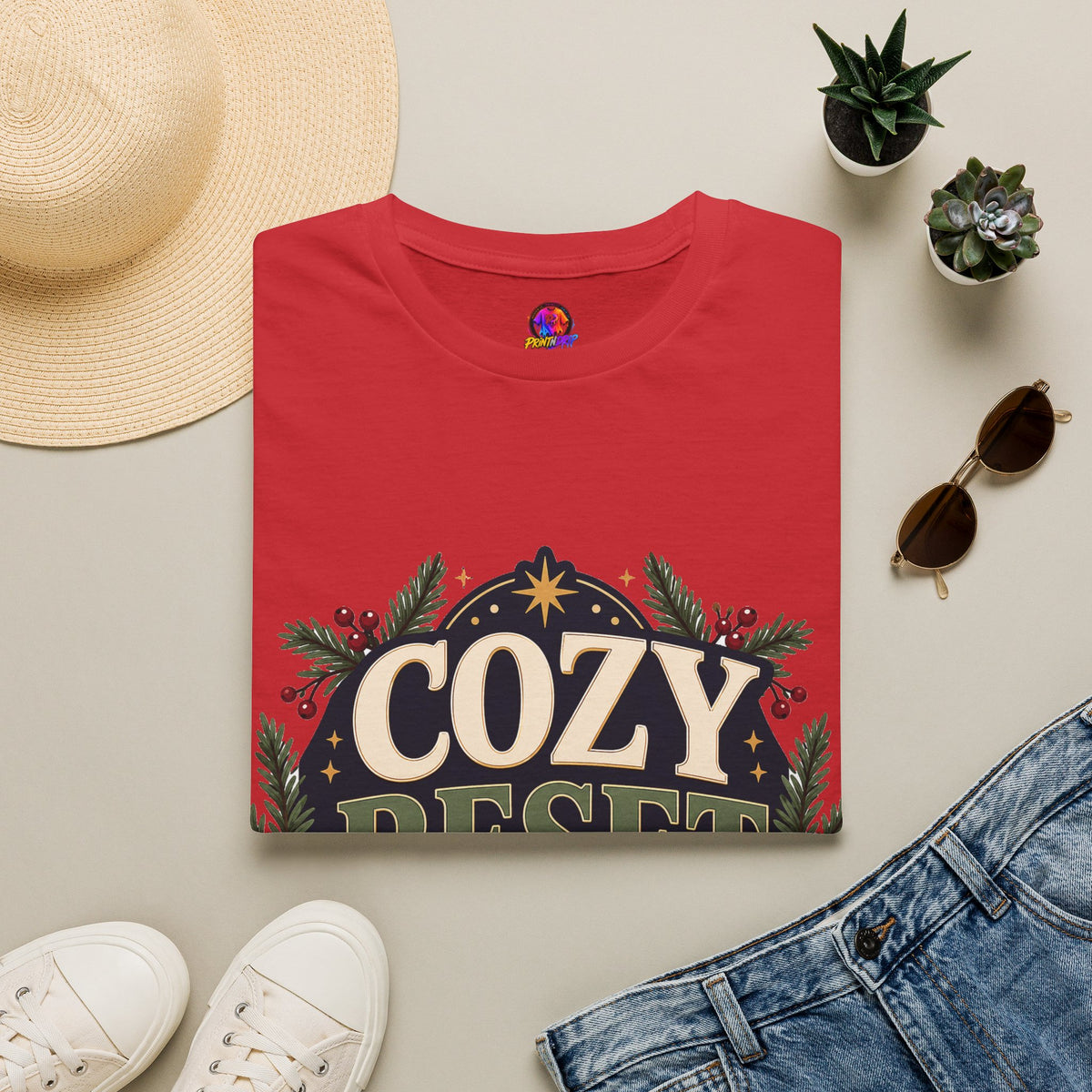 Cozy Reset Season T‑Shirt — Holiday Cozy Cabin Graphic Tee