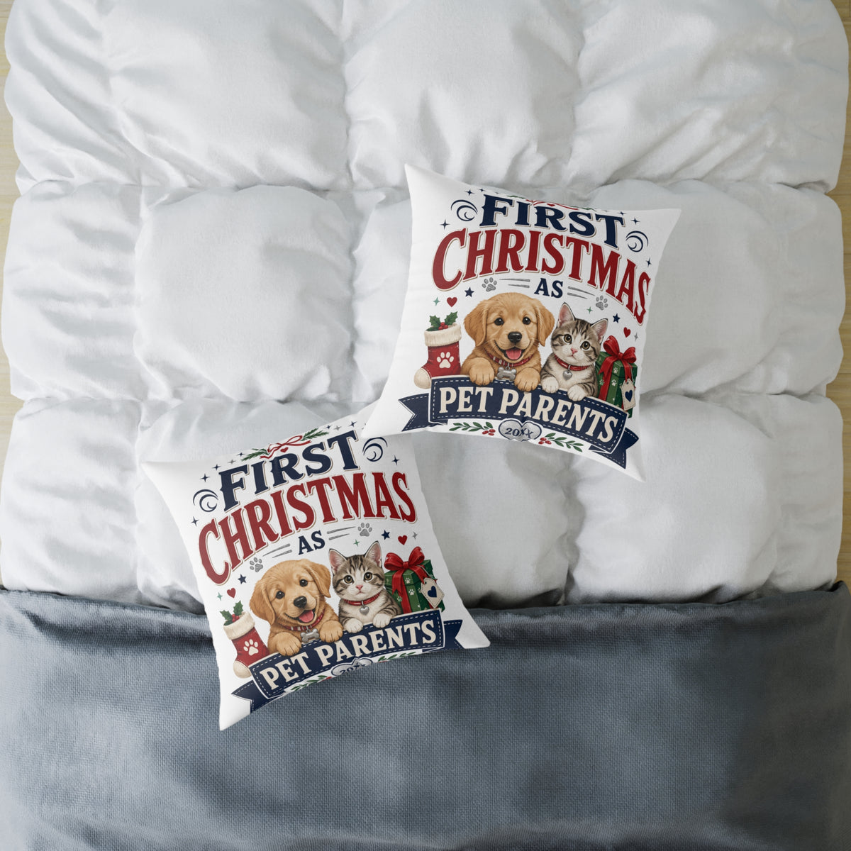 Christmas Square Pillow — "First Christmas as Pet Parents" Holiday Throw Pillow (Dog & Cat)
