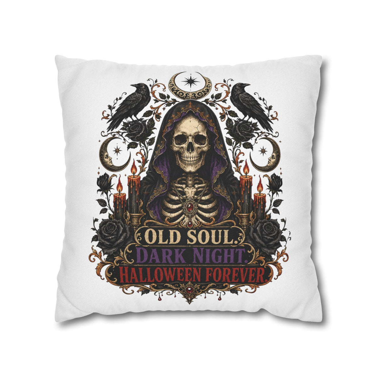 Halloween Skull Pillowcase — "Old Soul Dark Night" Spun Polyester Square Pillow
