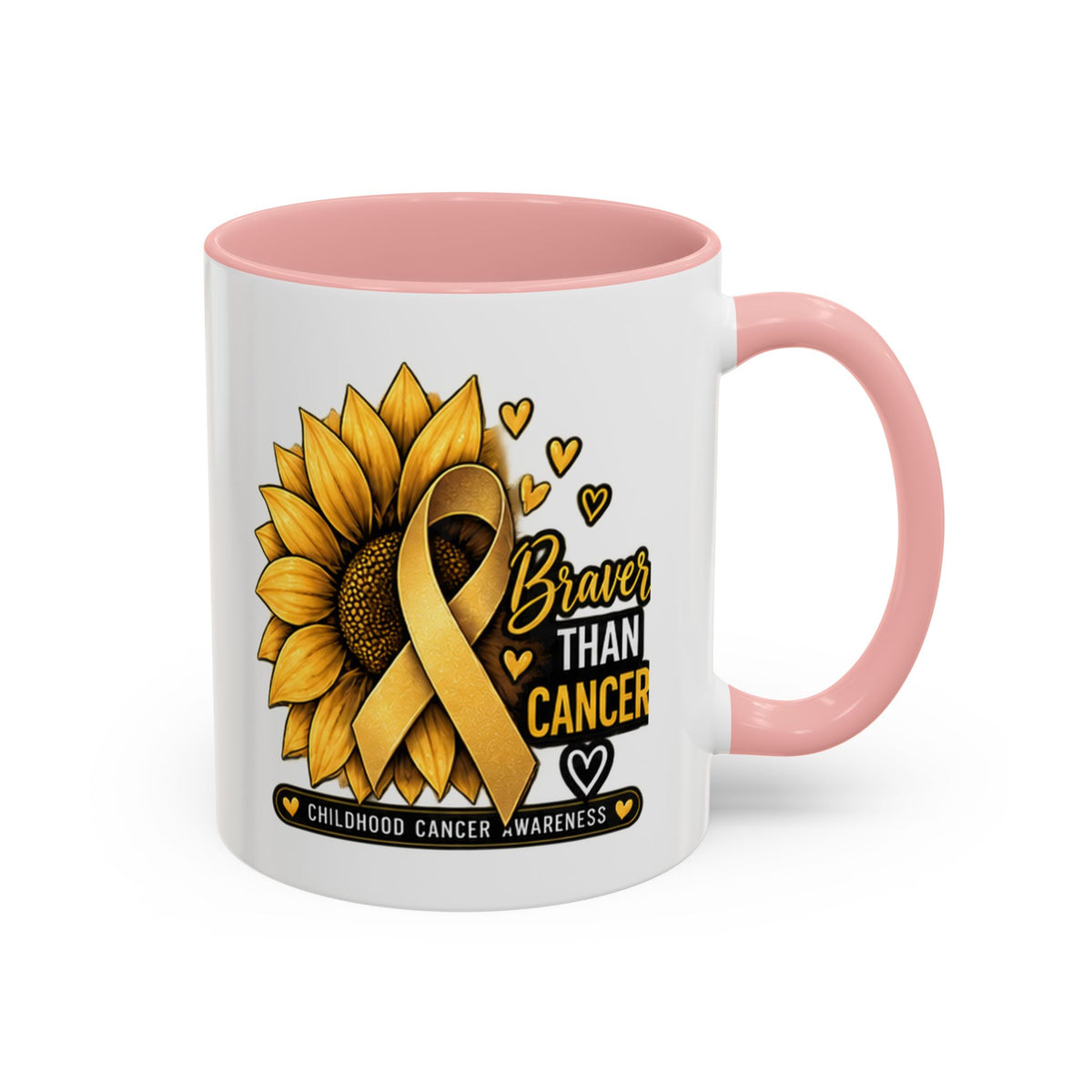 Childhood Cancer Awareness Mug — "Braver Than Cancer" Sunflower & Gold Ribbon