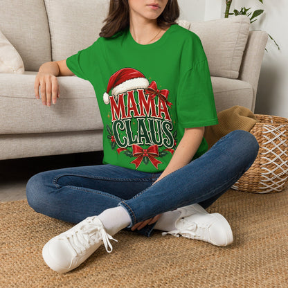 Mama Claus T-Shirt — Festive Christmas Mom Tee with Santa Hat & Bow