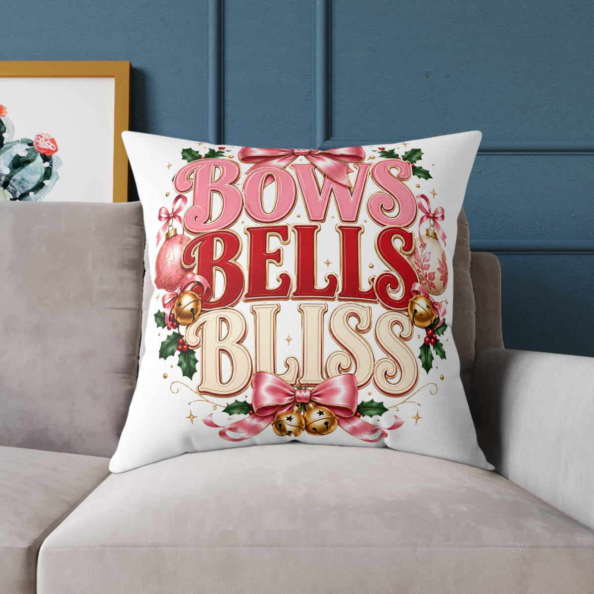 Bows Bells Bliss Christmas Square Poly Canvas Pillow