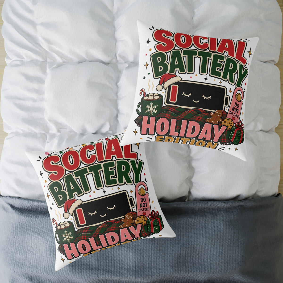 Social Battery Holiday Modern Day Christmas Pillow — Cute Low Energy Christmas Throw Pillow