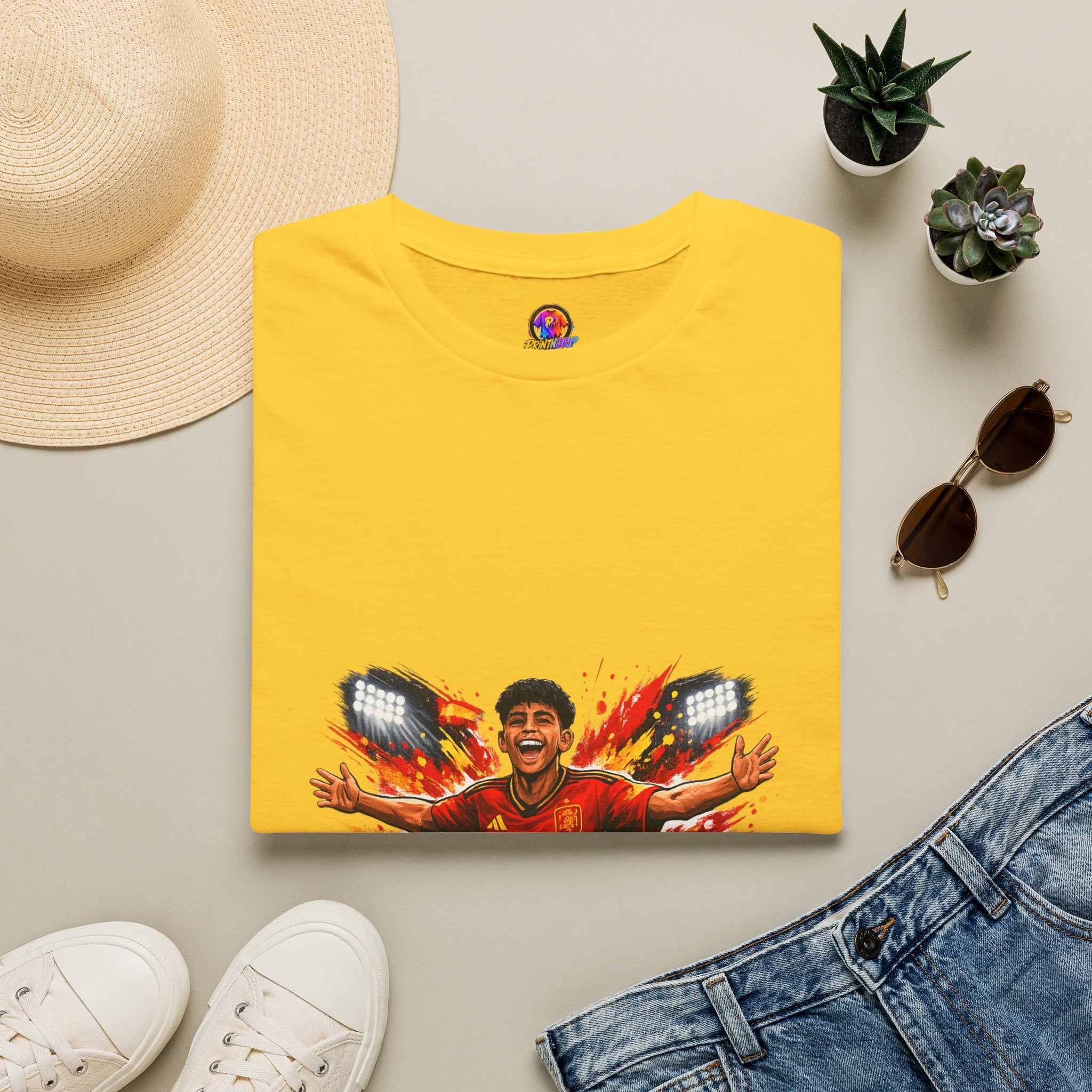 Spain Soccer Fan Portrait T‑Shirt – Fiery Goal Celebration Design