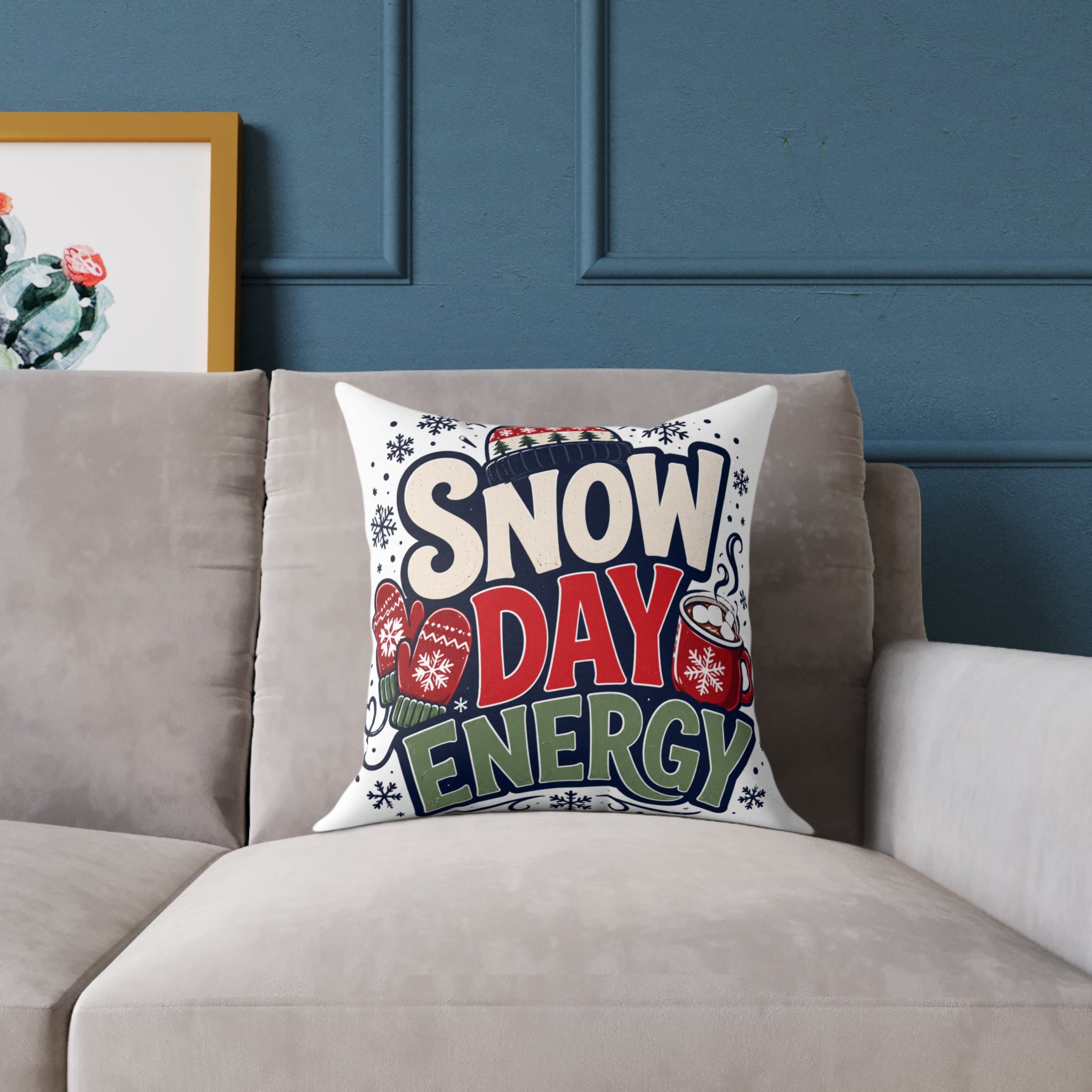 Christmas Snow Day Energy Pillow — Cozy Winter Decorative Throw Pillow with Holiday Mug & Mittens Design