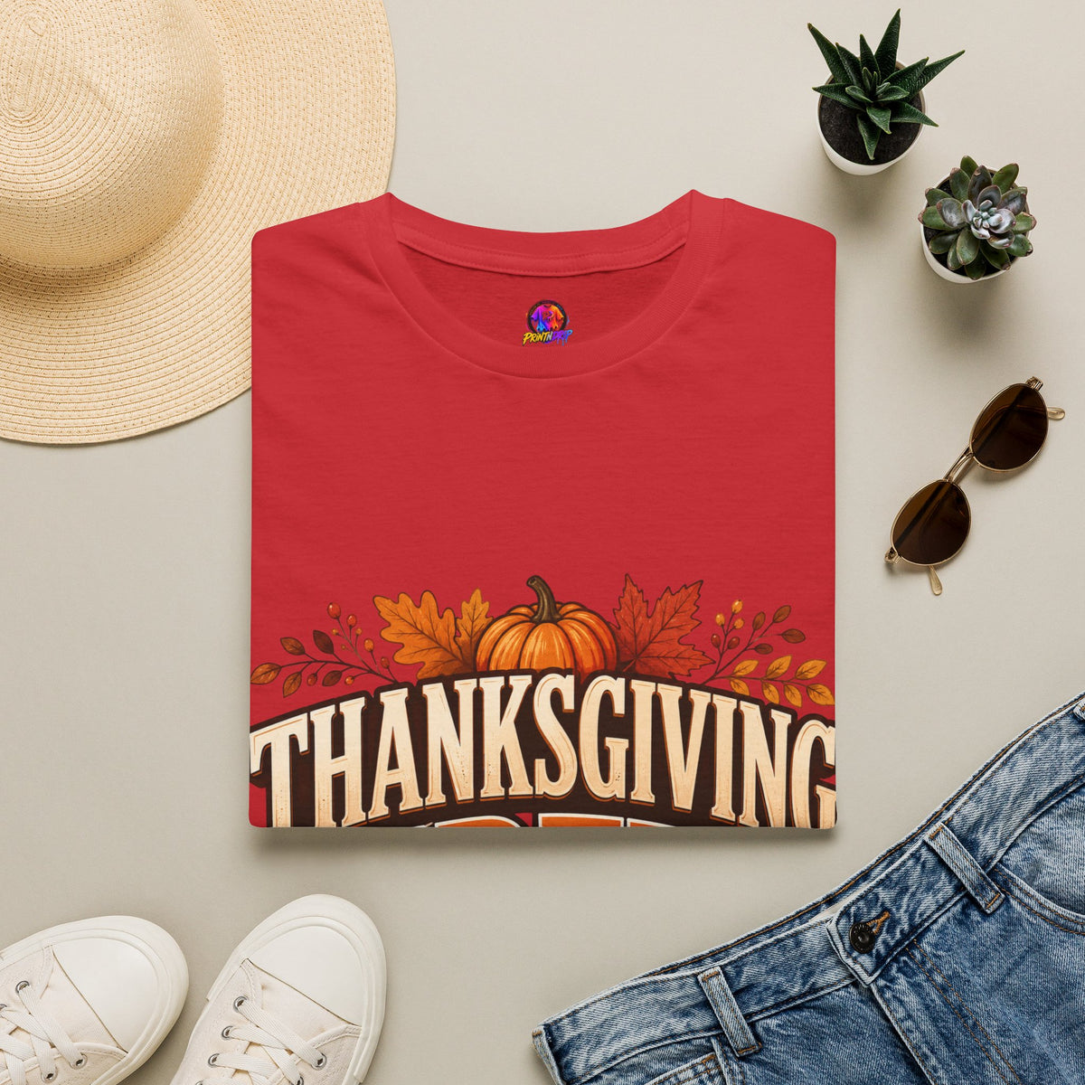 Thanksgiving T-Shirt Crew T-Shirt— Festive Pumpkin & Fall Leaves Holiday Tee