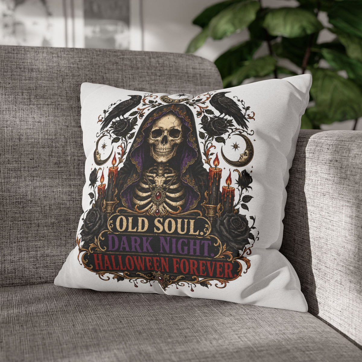 Halloween Skull Pillowcase — "Old Soul Dark Night" Spun Polyester Square Pillow