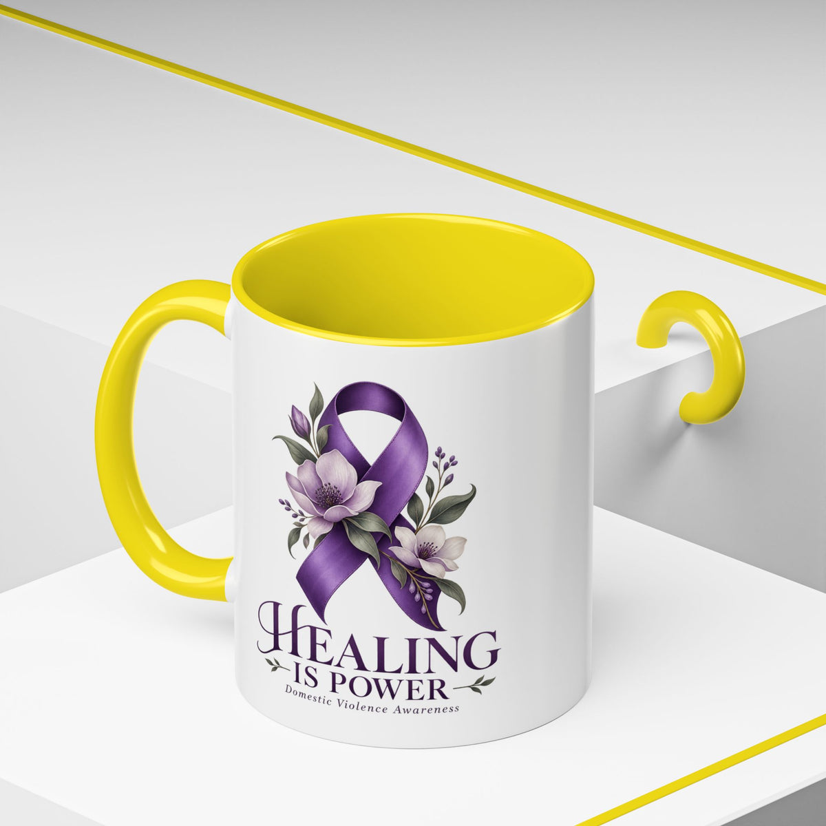 Healing Is Power Purple Ribbon Coffee Mug — Domestic Violence Awareness Accent Mug (11/15oz)