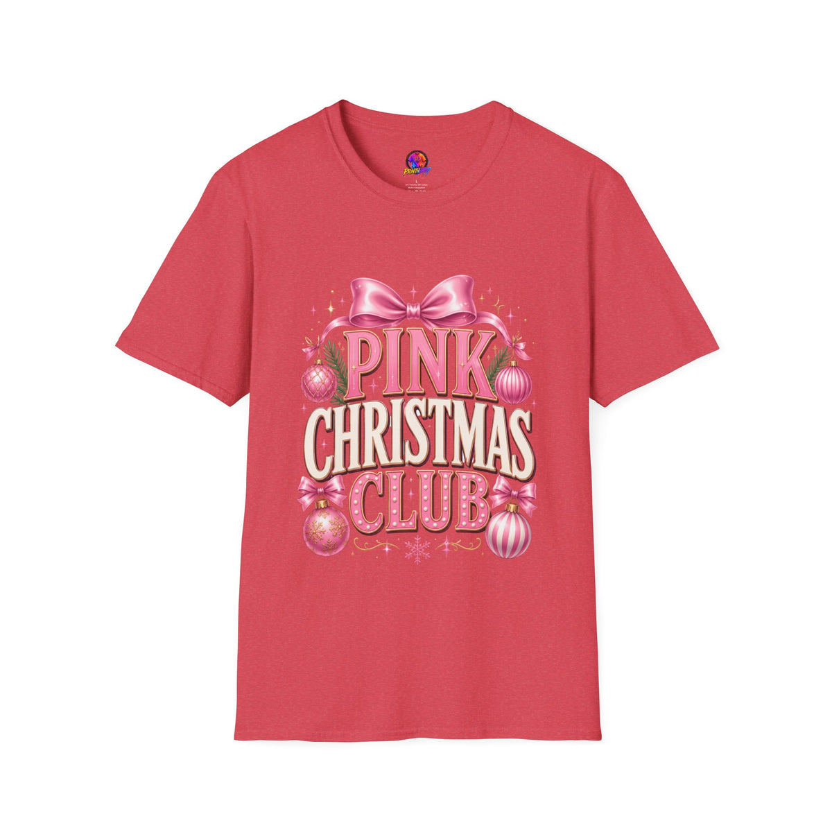 Pink Christmas Club T-Shirt — Womens Festive Holiday Tee with Bow & Ornaments