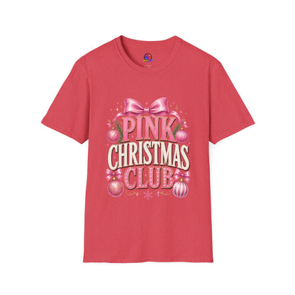 Pink Christmas Club T-Shirt — Womens Festive Holiday Tee with Bow & Ornaments