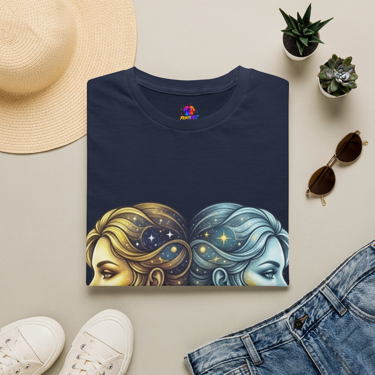 Zodiac Gemini Sun & Moon T-Shirt — Dual Faces Cosmic Design