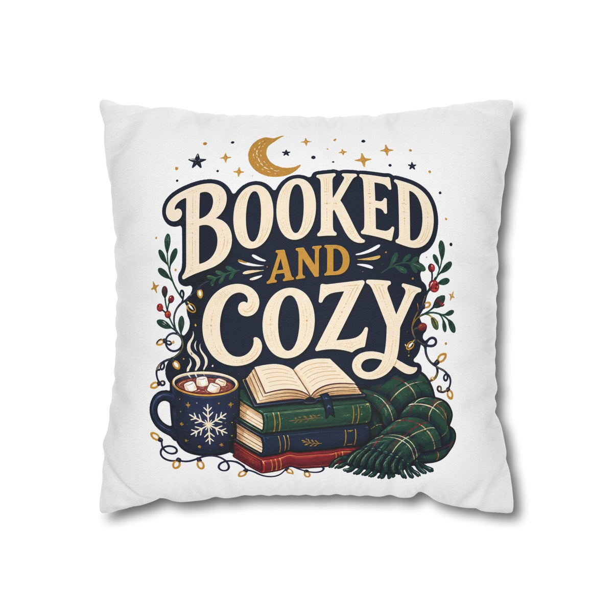 Booked and Cozy Square Pillowcase Modern Day Christmas — Booklover Decorative Throw Pillow Cover