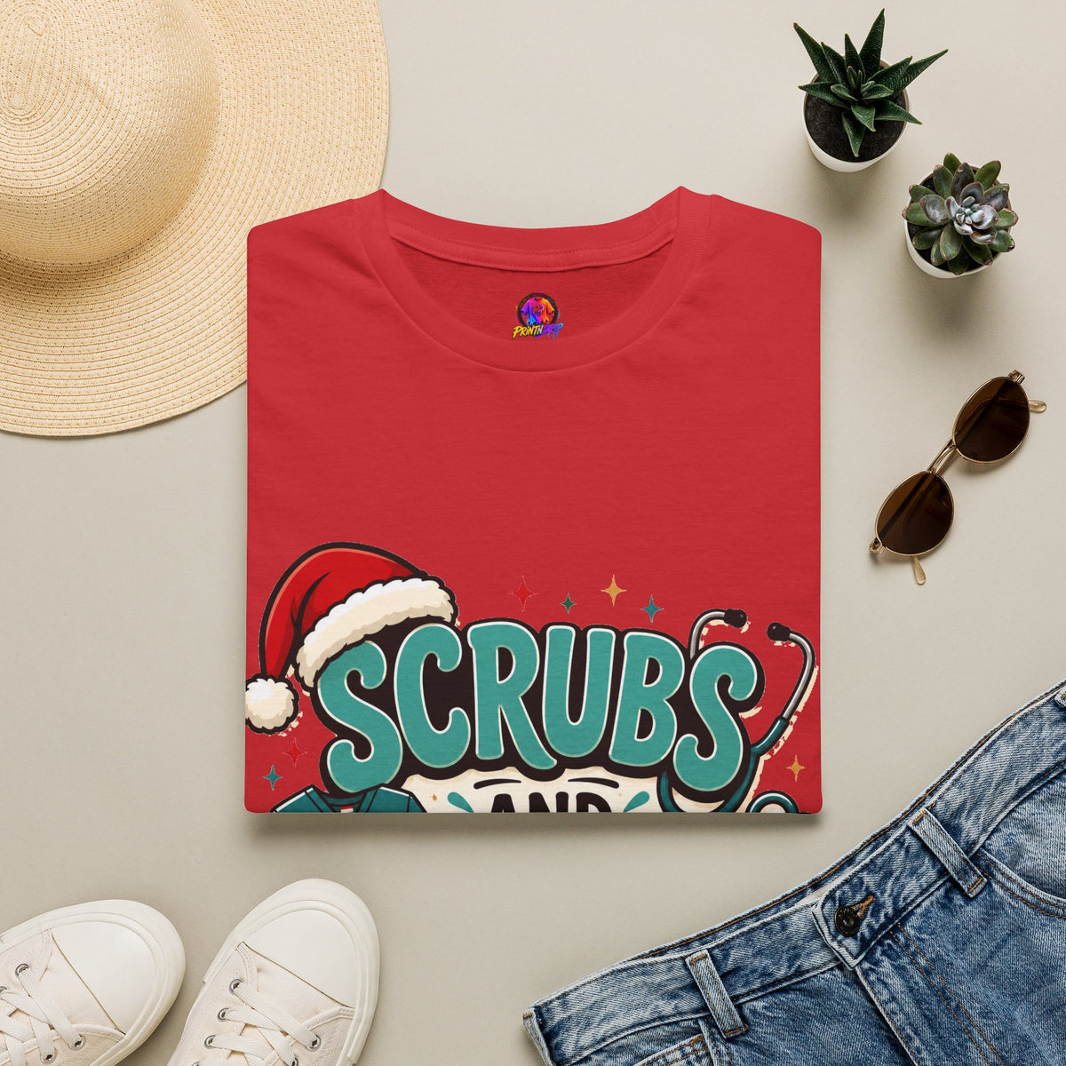 Scrubs and Santa Christmas T-Shirt — Cute Holiday Nurse Tee