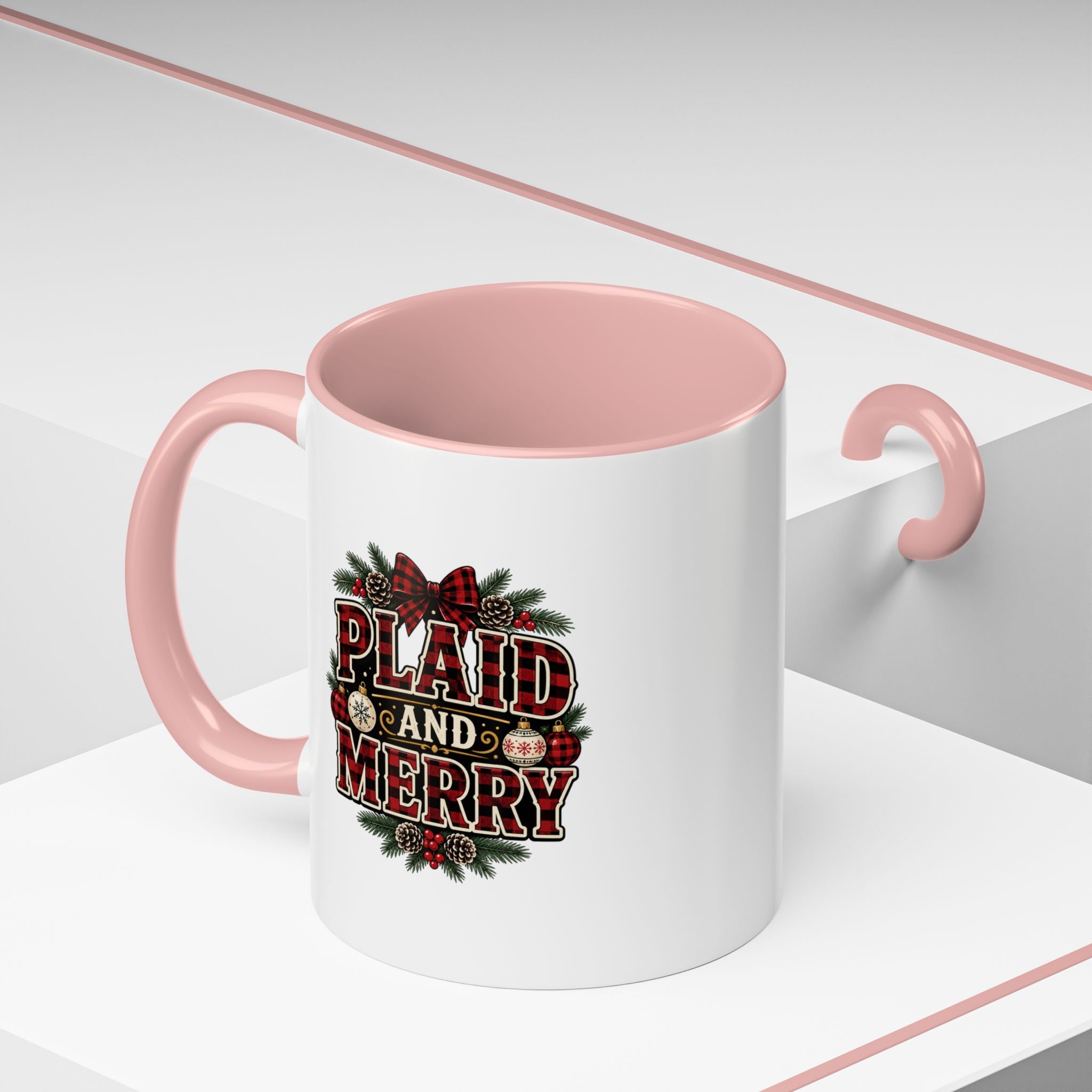 Plaid and Merry Accent Coffee Mug — Festive Buffalo Check Christmas Mug