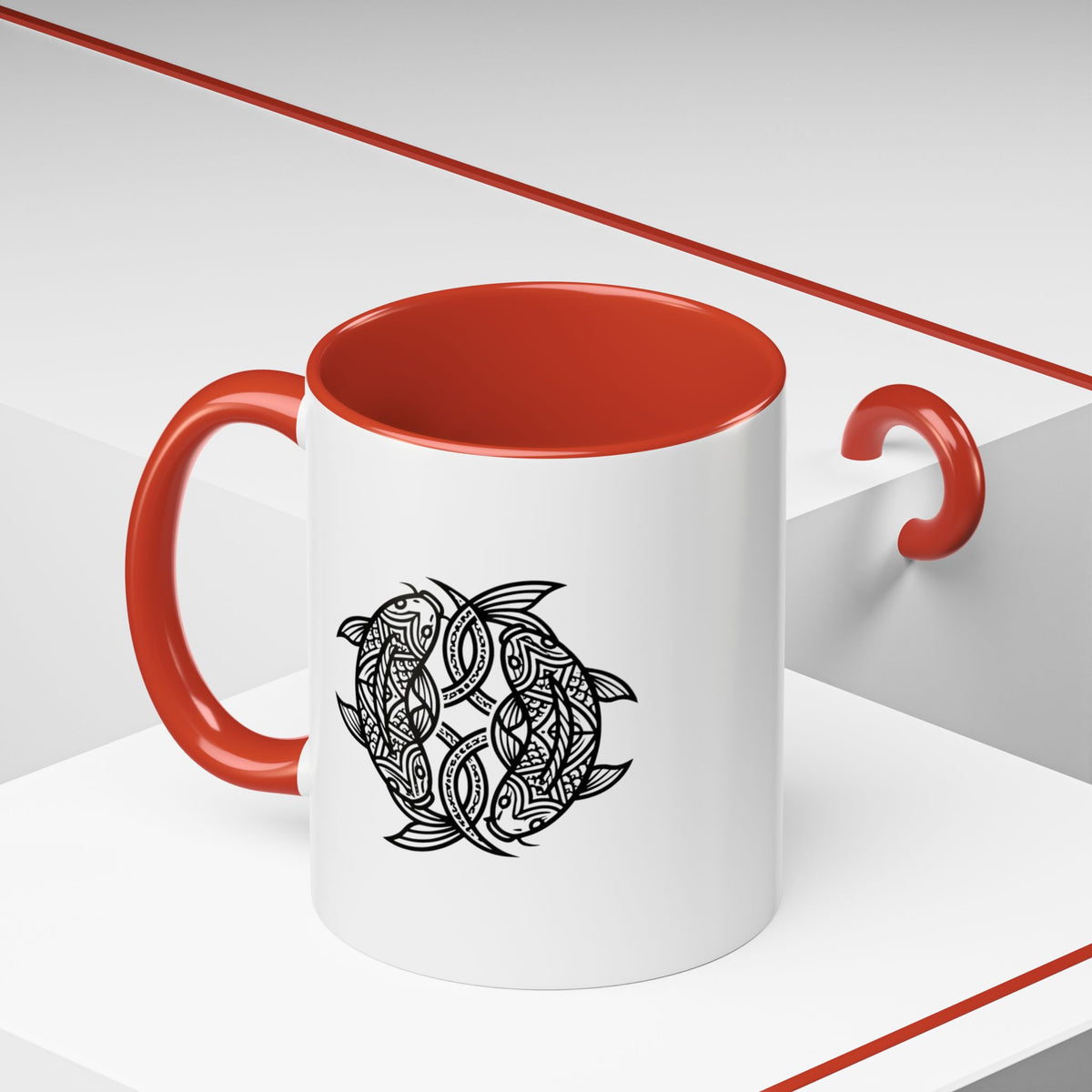 Pisces Zodiac Turtle Mandala Accent Coffee Mug – Black Interior & Handle, Intricate Tribal Sea Turtle Design