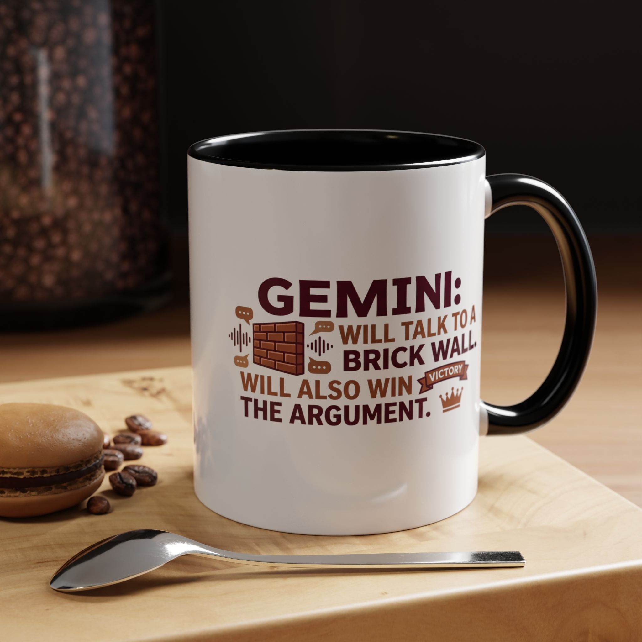 Gemini Coffee Mug — “Gemini: Will Talk to a Brick Wall, Will Also Win the Argument” Accent Mug