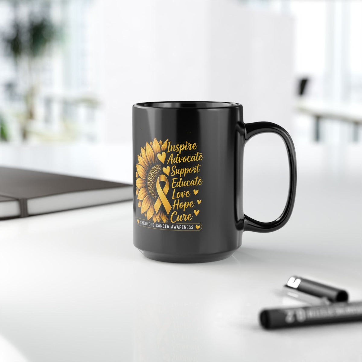Childhood Cancer Awareness Sunflower Mug – Inspire Advocate Support Educate Love Hope Cure (Black, 11oz/15oz)
