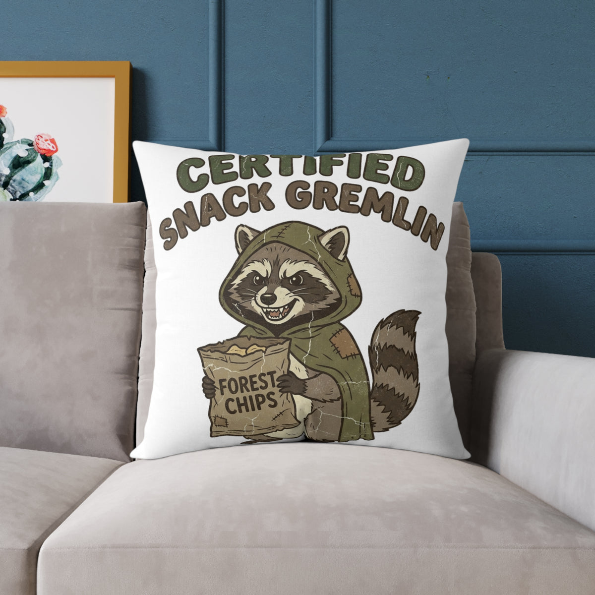 Funny Certified Snack Gremlin Raccoon Pillow — Cute Animal Snack Lover Throw Pillow