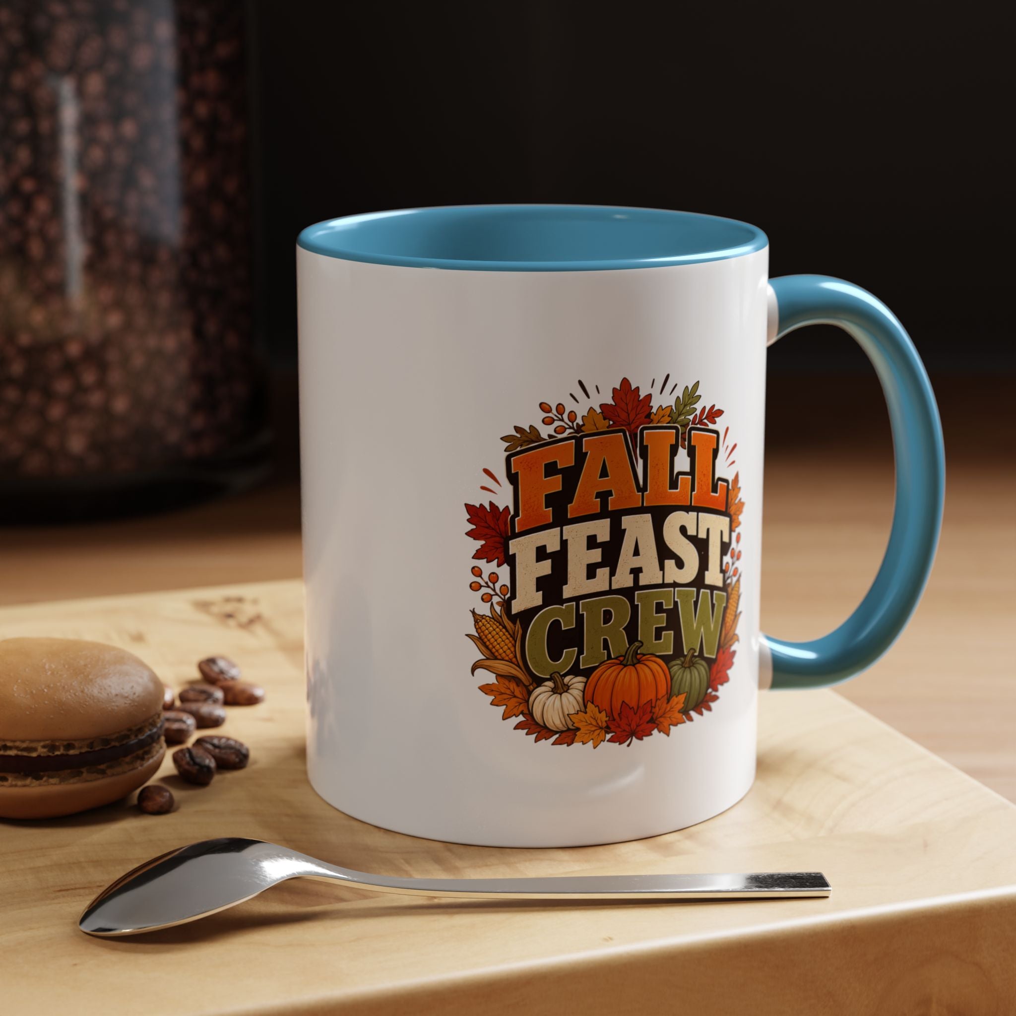 Thanksgiving Mug Fall Feast Crew Coffee Mug — Autumn Pumpkin & Leaves Accent Mug