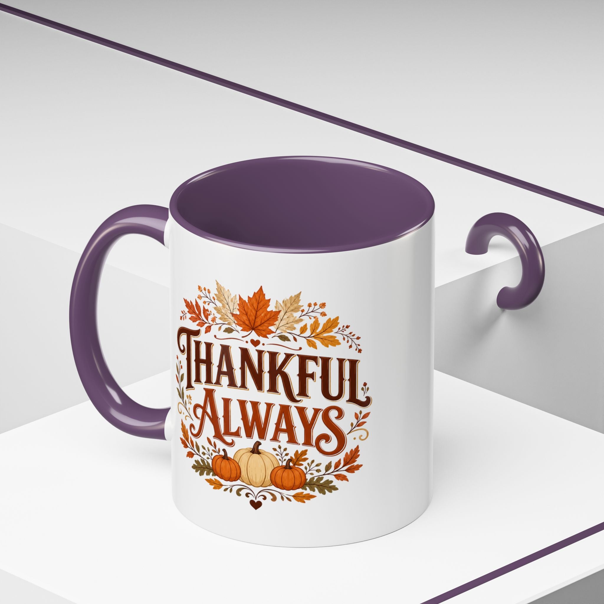 Thanksgiving Mug Thankful Always Accent Coffee Mug — Fall Pumpkin & Leaves Thanksgiving Gift