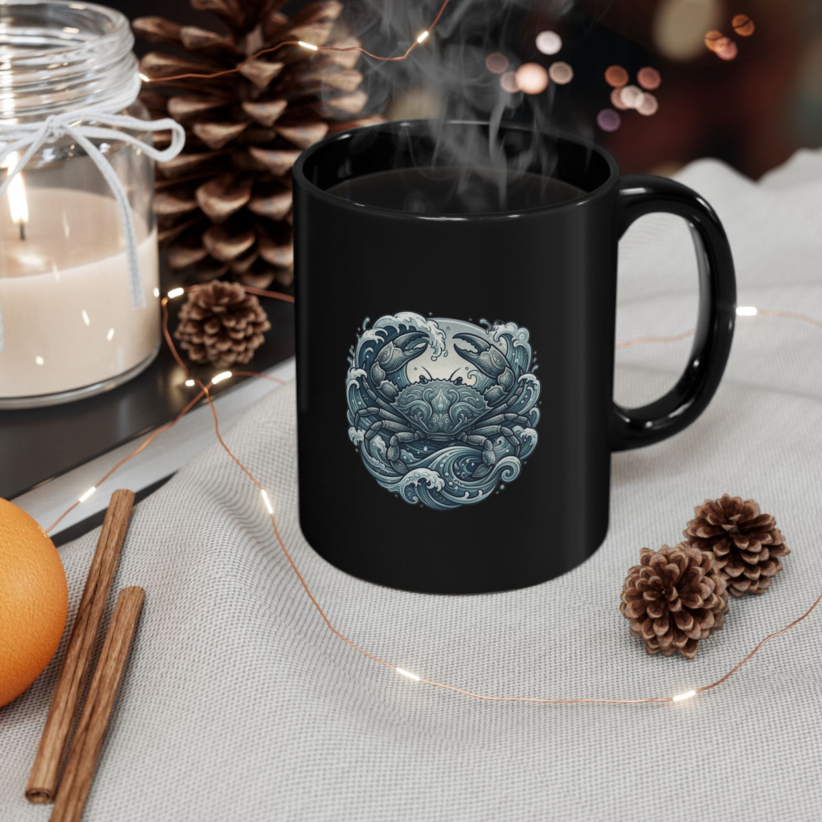 Cancer Zodiac Black Ocean Heart Ceramic Mug – Nautical Whale & Waves