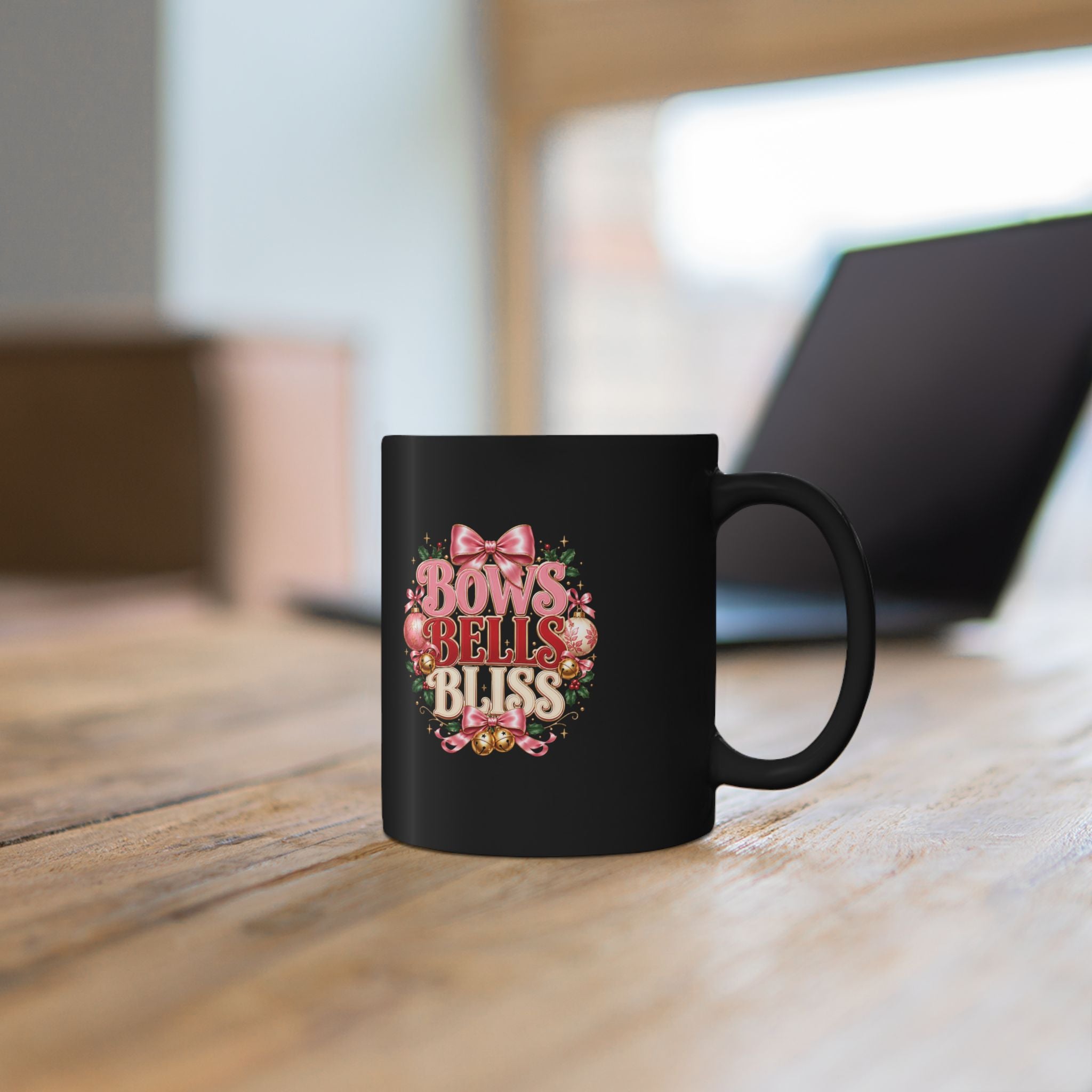 Bows, Bells & Bliss Black Christmas Mug — Festive Holiday Coffee Cup