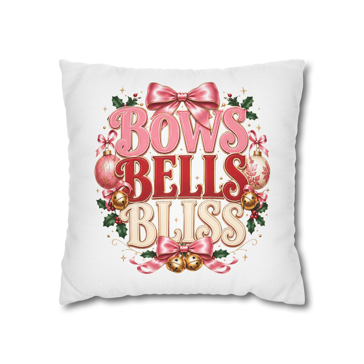 Christmas Decorative Pillowcase — "Bows Bells Bliss" Pink Holiday Throw Pillowcase
