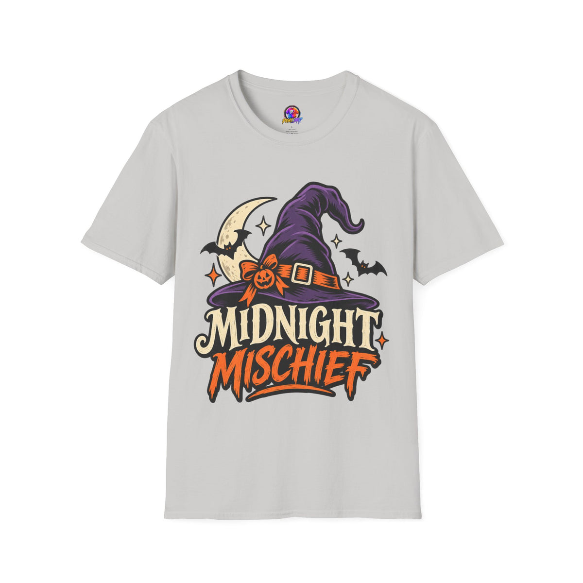 Midnight Mischief Halloween T-Shirt — Witch Hat & Bats Graphic