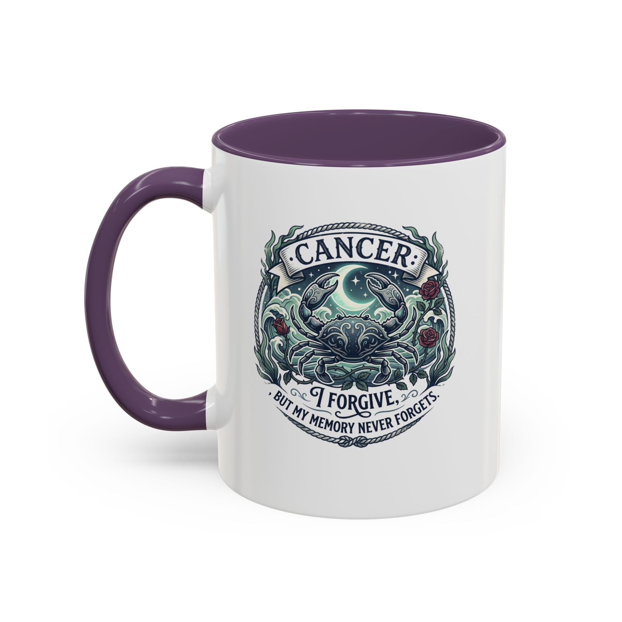Cancer Zodiac Accent Coffee Mug — 'I Forgive But My Memory Never Forgets' Horoscope Gift