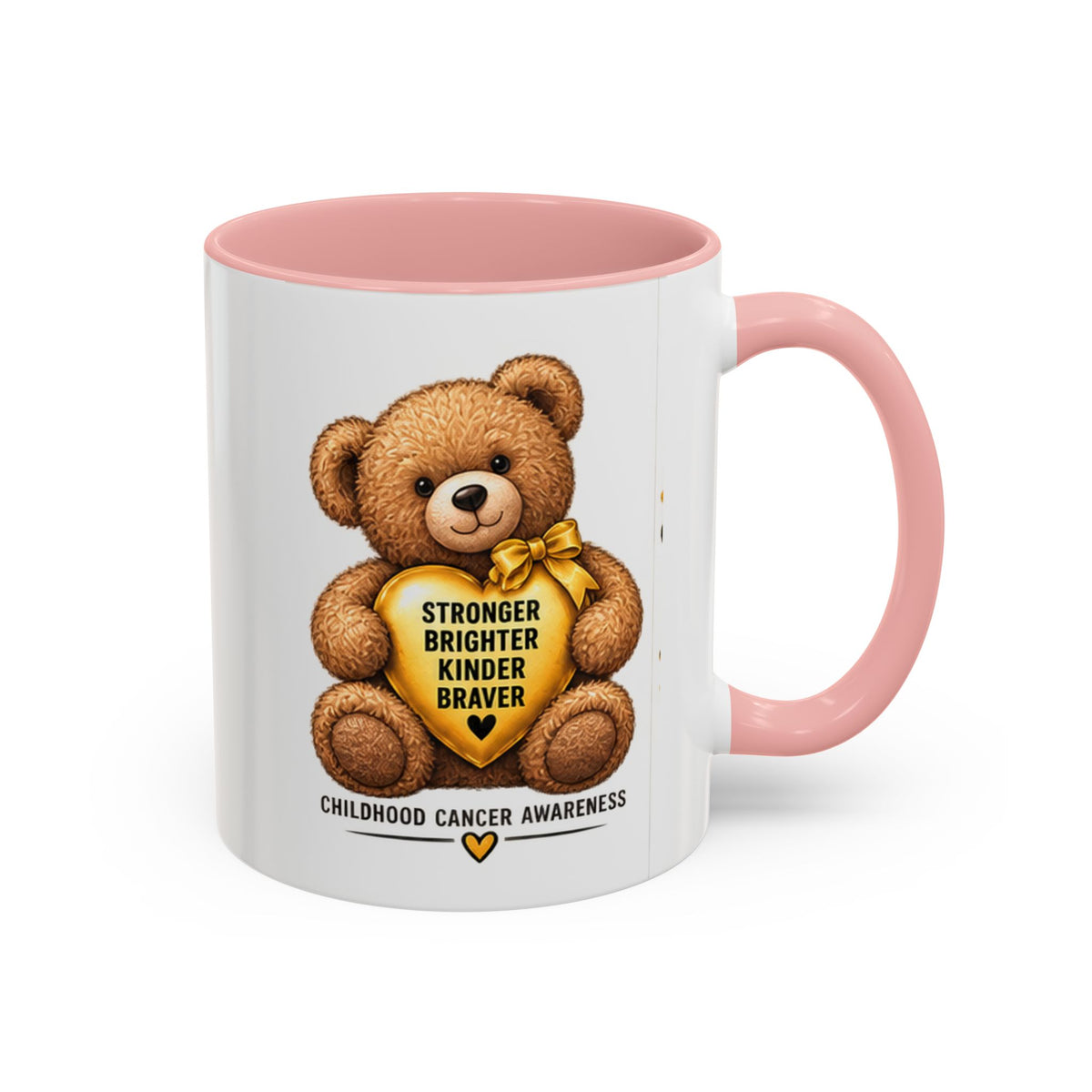 Childhood Cancer Awareness Coffee Mug — 'Stronger Brighter Kinder Braver' Teddy