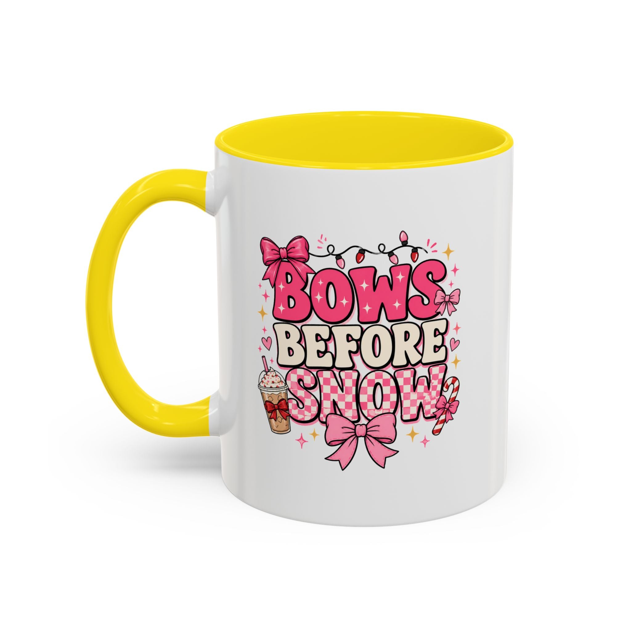 Modern Day Christmas Bows Before Snow Accent Coffee Mug — Cute Pink Holiday Hot Cocoa Design (11/15oz)
