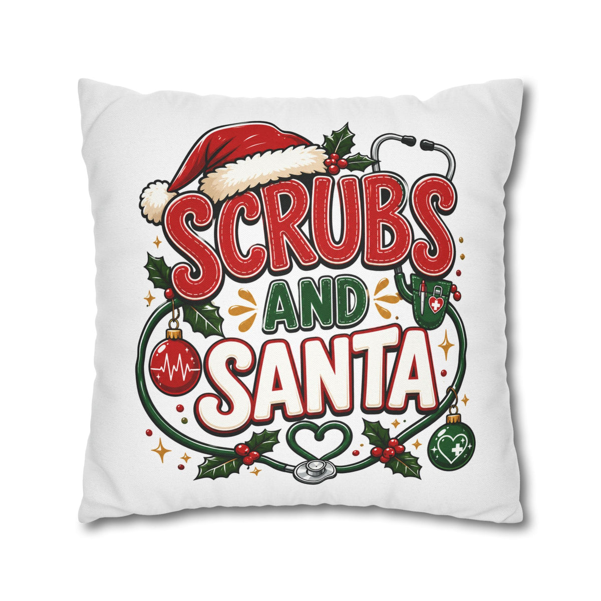 Christmas Scrubs and Santa Holiday Pillowcase – Christmas Nurse Decorative Throw Pillow Cover